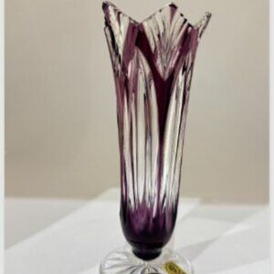 New - Caesar Bohemian Crystal Purple Vase - Hand Cut   7"